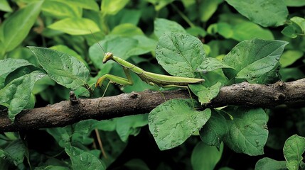 Green praying mantis perched on a branch amidst lush green foliage.