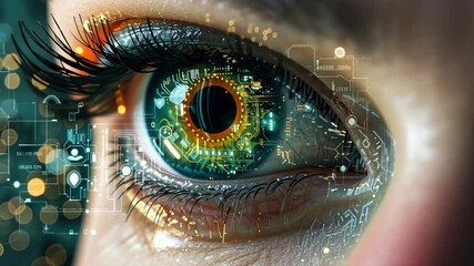 Leinwandbilder - A close-up view highlights a human eye integrated with intricate circuit designs, reflecting technology and artificial intelligence.