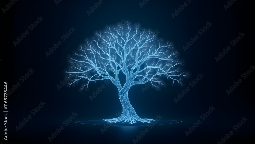 A digital tree with glowing, circuit-like branches growing in the void ...