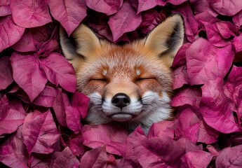 Sticker - Cute red fox sleeping peacefully in a bed of vibrant purple leaves