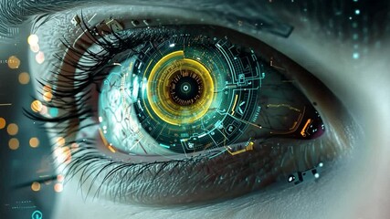 Leinwandbilder - A detailed close-up reveals a captivating eye enhanced by futuristic circuit patterns and bright, vivid colors. The design emphasizes advanced technology concepts and innovation.