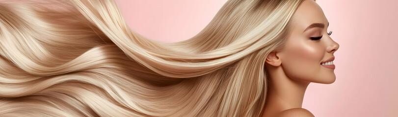 Wall Mural - Smiling blonde woman with silky long hair against a pastel backdrop, perfect for haircare promotions