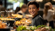 © imran - Smiling young boy alongside classmates enjoying a buffet lunch in a cafeteria