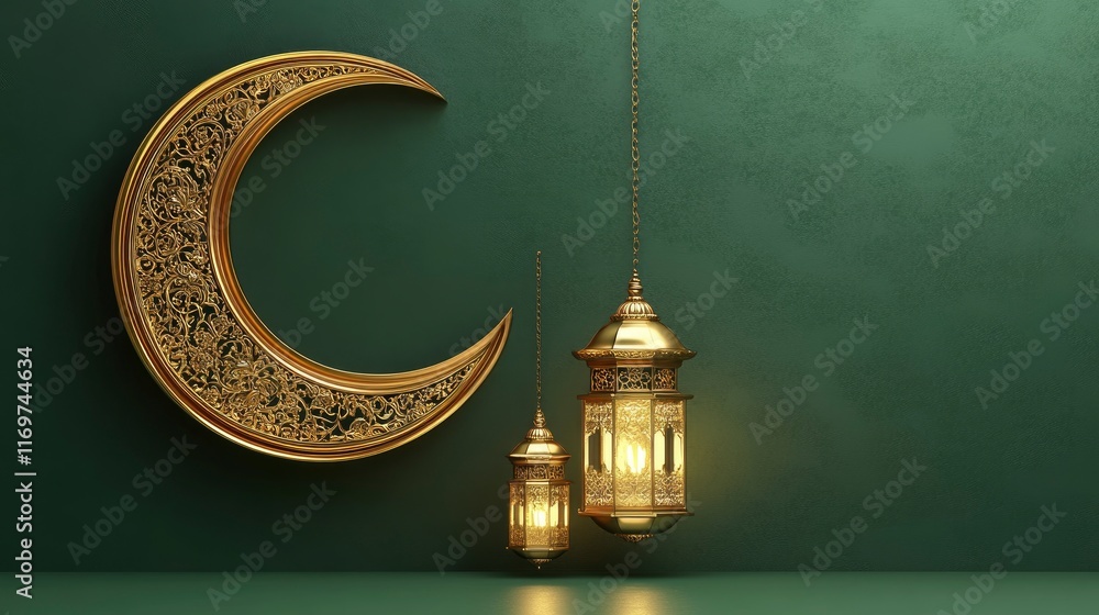 3D rendering of a golden crescent moon and lanterns on a green ...