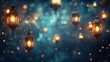 © Dzikrul Husnani - A beautiful background for Ramadan with hanging lanterns and glowing lights. The composition includes elements of the night sky, creating an atmosphere of celebration during Ramadan.