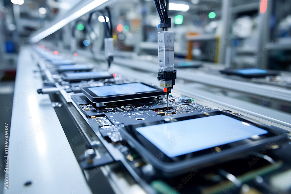 Automated robotic arm placing components on circuit boards along a ...