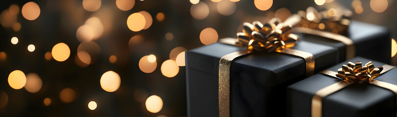 Wall Mural - Stylish black gift boxes adorned with golden bows, set against a blurred festive background