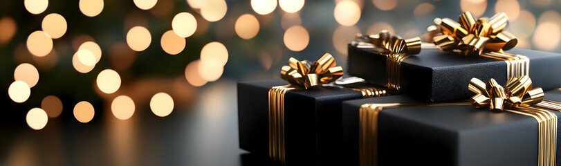 Wall Mural - Stylish black gift boxes adorned with golden bows, set against a blurred festive background