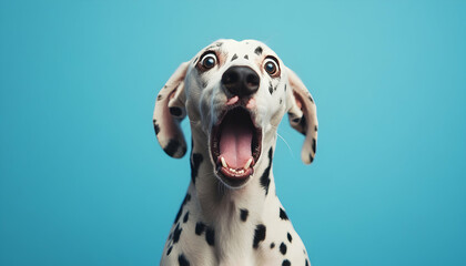 Wall Mural - Surprised dalmatian dog in a studio setting with a bright blue background