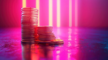 Wall Mural - Glowing Stacks of Digital Coins in Neon Light Setting