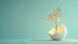 © Sarawut - A glowing tree sprouting from a broken egg, representing life and transformation, set against a serene light blue background.