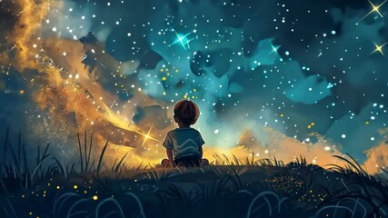 Poster - Under a starlit sky, a child gazes in awe at the vast expanse of twinkling stars and colorful clouds. The scene evokes a sense of wonder and exploration in a tranquil moment.