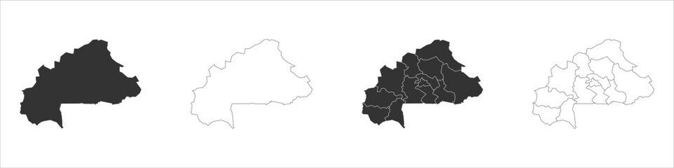 Burkina Faso set of three maps - solid map, outline map and map highlighting administrative divisions. Three distinct maps illustrate various representations of a geographical area.