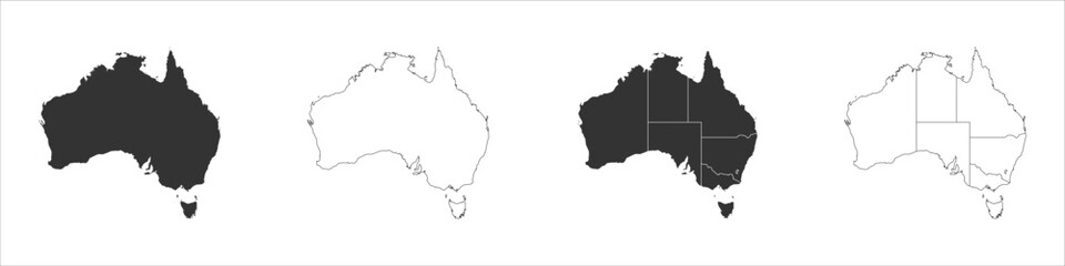 Australia set of three maps - solid map, outline map and map highlighting administrative divisions. Three distinct maps illustrate various representations of a geographical area.