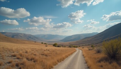 Wall Mural - A serene dirt road meanders through expansive golden grasslands, framed by majestic mountains under a bright blue sky. The tranquil scene evokes a sense of adventure and freedom, inviting exploration