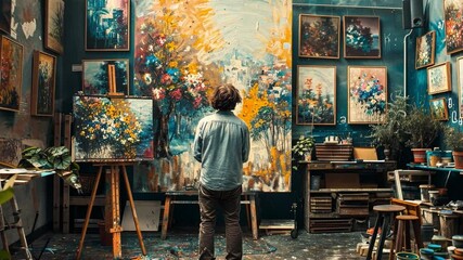 Fototapete - An artist stands before a large canvas in a lively studio. Surrounding them are colorful paintings, plants, and art supplies, spark inspiration and creativity.