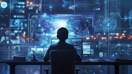 A man is sitting in front of a computer monitor with a blue screen