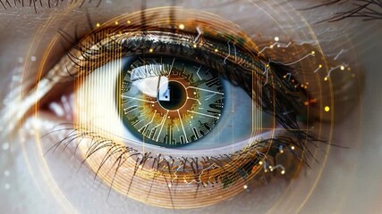 Leinwandbilder - A detailed close-up reveals the eye's iris enhanced with complex circuitry, symbolizing the fusion of human vision and artificial intelligence.