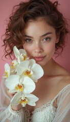 Wall Mural - A stunning young woman with curly hair gently holds a cluster of white orchids against a soft pink background. Her captivating smile and natural elegance evoke feelings of serenity and grace