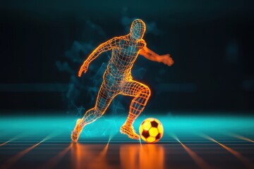 Wall Mural - Futuristic Soccer Player Running Towards a Ball in Neon Glow