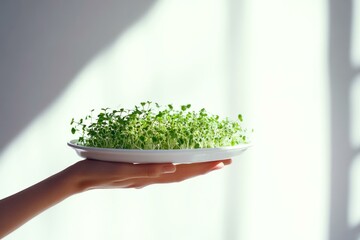  Hand holding plate of fresh green microgreens in bright natural light for healthy lifestyle and organic food concept