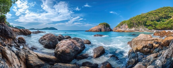 Wall Mural - Panoramic view of Phuket, Thailand, with the rocks and jungle island. the sky is blue, the sea water is turquoise in color, and the tropical beach landscape creates a summer vacation background 