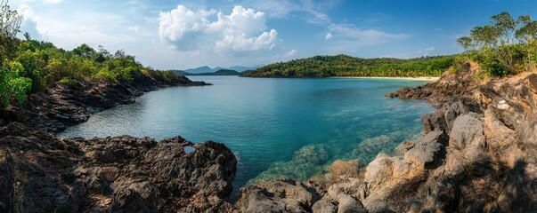 Wall Mural - Panoramic view of the Blue Lagoon in Phuket, Thailand, with tropical greenery and rock formations in the background. High-resolution photography