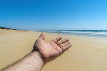 Canvas Print - Hand outstretched towards the ocean. AI.