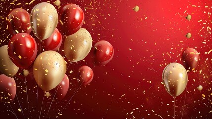 Wall Mural - Celebration party banner background with red, gold balloons, carnival, festival or birthday balloon red background, red celebration background template, Illustrations for advertising,