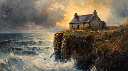 Wall Mural - Dramatic Oil Painting of a Stone Cottage Perched on a Clifftop, Bathed in the Golden Light of a Stormy Sunset.