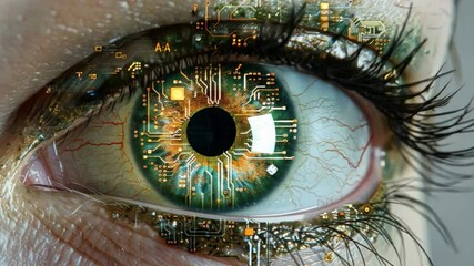 Leinwandbilder - A close-up view of an eye intertwined with digital circuit patterns, symbolizing the fusion of human senses and advanced technology. This artwork captures the essence of innovation and perception.