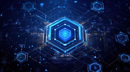 Abstract digital network with hexagonal patterns and glowing elements.
