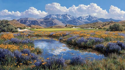 Wall Mural - Serene Mountain Golf Course Landscape with Wildflowers and Reflecting Pond.