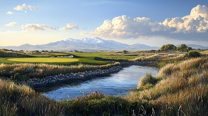 Wall Mural - Serene Golf Course Landscape with Mountain View and Tranquil Waterway.