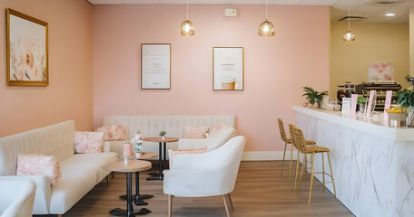 Wall Mural - A cozy, pastel-themed caf? interior with seating and a counter for drinks. Work from home product