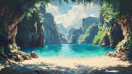 Wall Mural - Serene Tropical Cove An Impressionist Painting of a Secluded Beach.