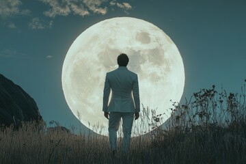 a lone figure in a white suit walks towards a giant moon in a surreal landscape.