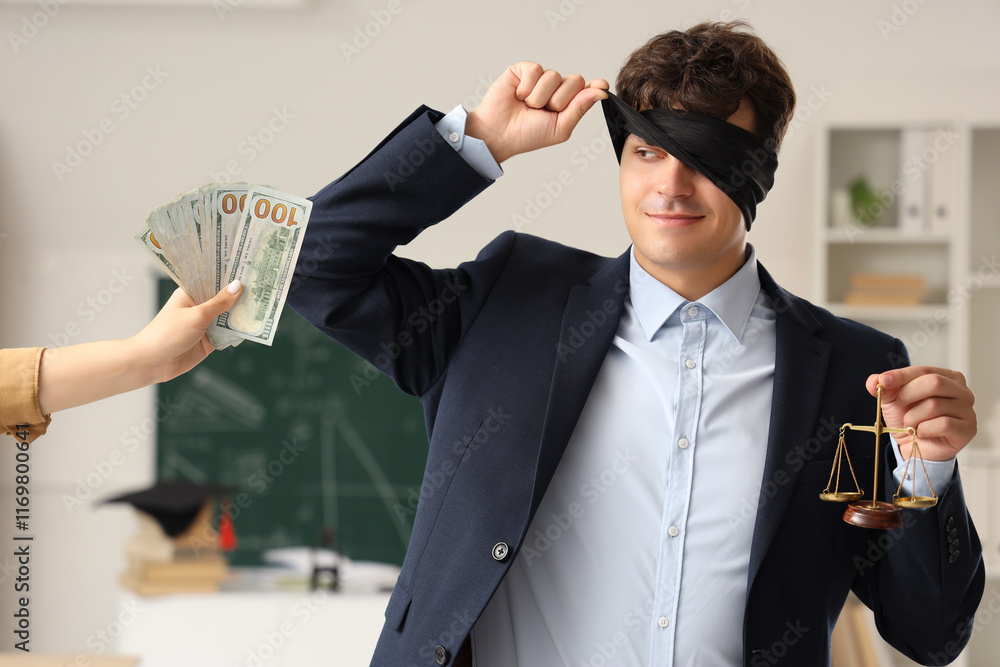 Blindfold male teacher with justice scales and bribe in classroom. Corruption concept