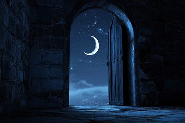 Wall Mural - The crescent moon appears in the night sky, seen from the open door of an ancient castle. This serves as the background image for a Ramadan Kareem banner with a copy space . Realistic photograph. High