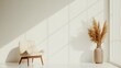 © Areeba - View modern boho interior with chair and trendy vase on white floor Home staging and minimalism concept