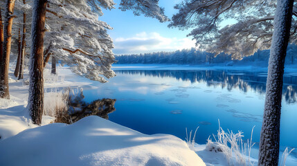 Sticker - Icy Blue Lake with Snow Covered Pine Trees - Winter Scenery