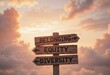 © Diane - Wooden signpost points towards belonging equity and diversity against a sunset backdrop