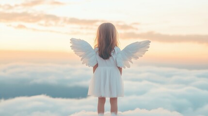 Wall Mural - a little girl dressed in white with angel wings gazes at a beautiful sunset from atop a fluffy cloud