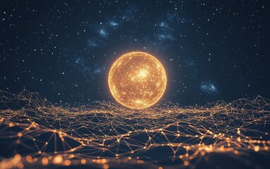 Wall Mural - glowing orange sphere above network.