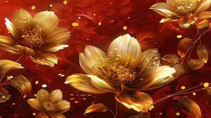 Wall Mural - Digital art of golden flowers with shimmering red background