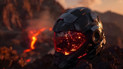 Wall Mural - The futuristic helmet of a lava-themed traveler exploring an alien landscape