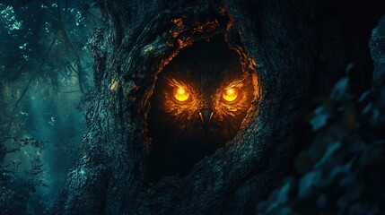 Wall Mural - Mystical owl emerges from enchanted tree hollow mysterious forest fantasy art dark close-up nature's secrets