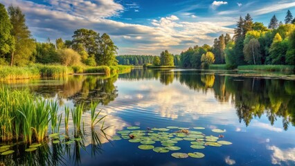 Wall Mural - Serene lake shore with reed beds and water lilies, surrounded by tall trees and a calm sky, tree, landscape,  tree, landscape