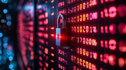 Secure data protection concept with a digital lock against a backdrop of binary code illuminated in red and blue tones