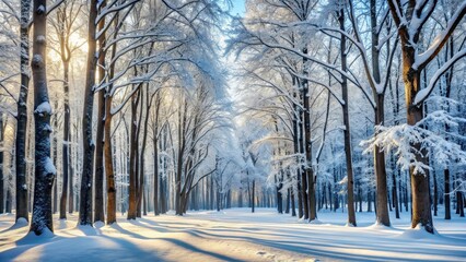 Wall Mural - Snowy forest with bare trees, snowy scene, peaceful,  snowy scene, peaceful, tree, forest background , landscape